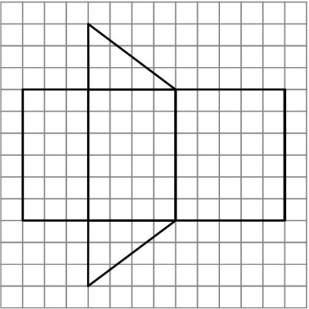 Geometrische Figur aus Quadraten mit zwei dreieckigen Ausbuchtungen auf kariertem Raster.